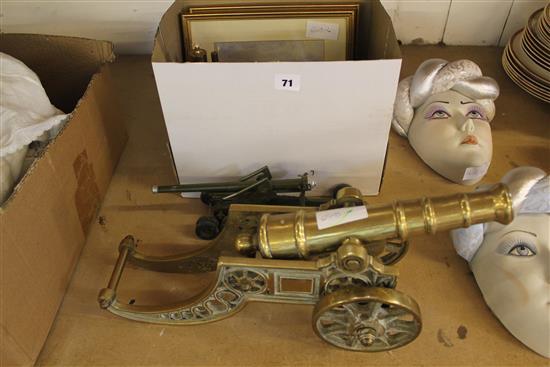 Brass cannon, 2 pictures, mugs etc